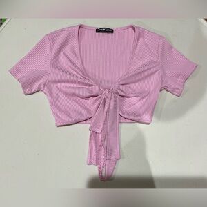 SHEIN Light Pink Ribbed Tie-Front Crop Top